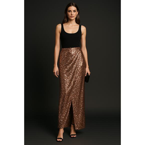 LOFT NWT Sequin Wrap Maxi Skirt Size 4 Brown Sparkle Evening Holiday Party Glam - Picture 1 of 6